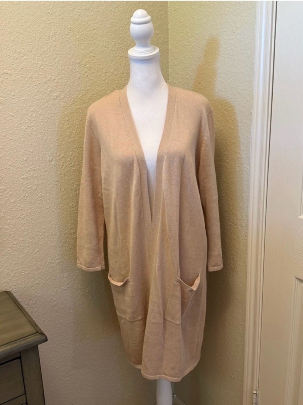 Preston & York Tan 3/4 Sleeve Open Front Fine Gauge Cardigan Sweater Duster M